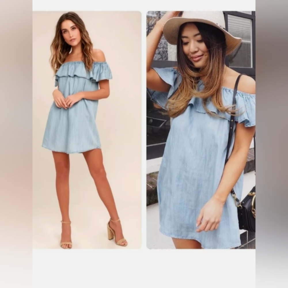 Lulus Standout Chambray Off Shoulder Ruffle Mini Dress Blue Lyocell Medium - Picture 5 of 11